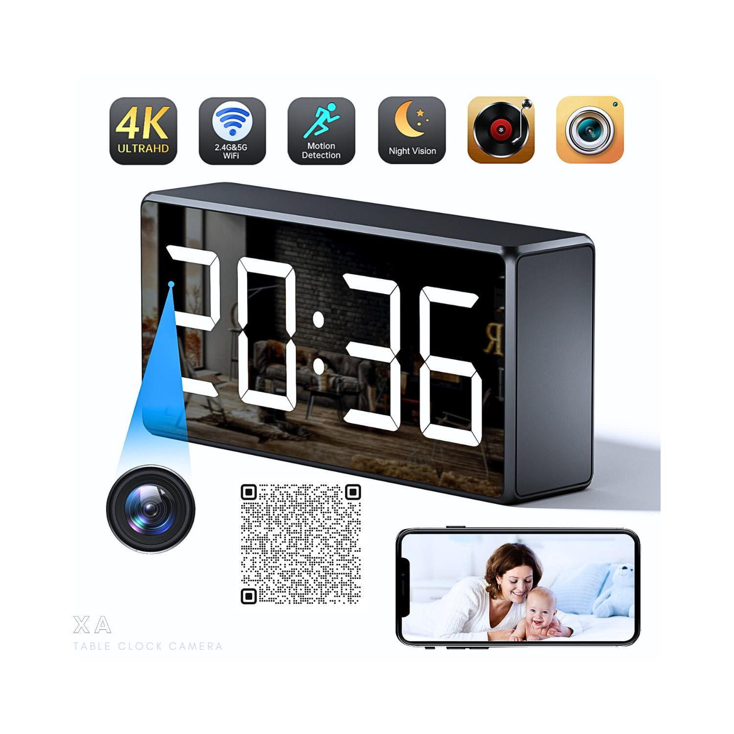 XA 4K Digital Large Display Spy Hidden WiFi Table Clock Camera